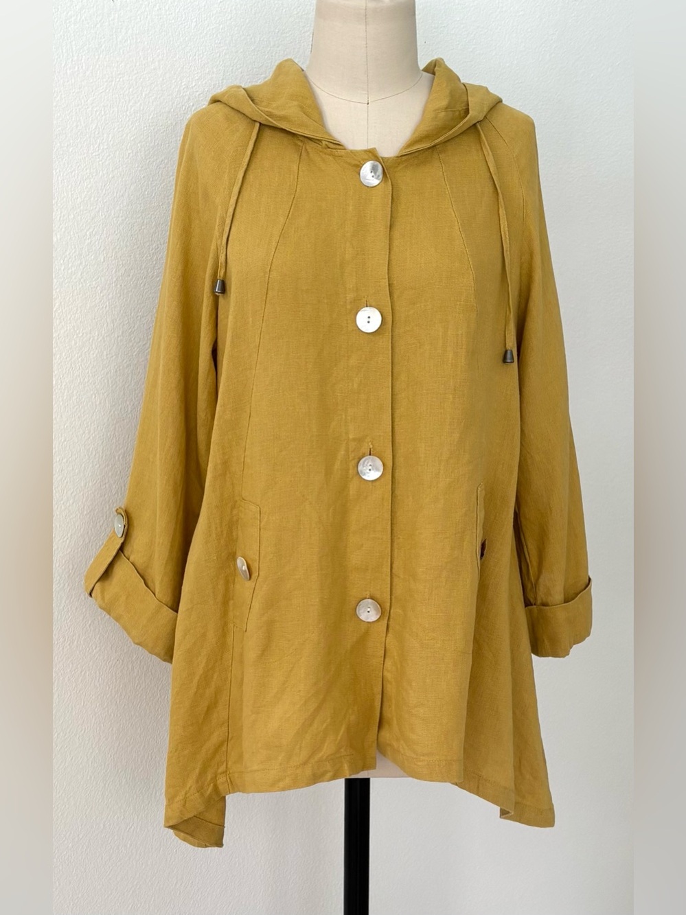 JONES & CO Jones New York Hooded Linen Jacket Mustard Yellow MOP-Buttons M